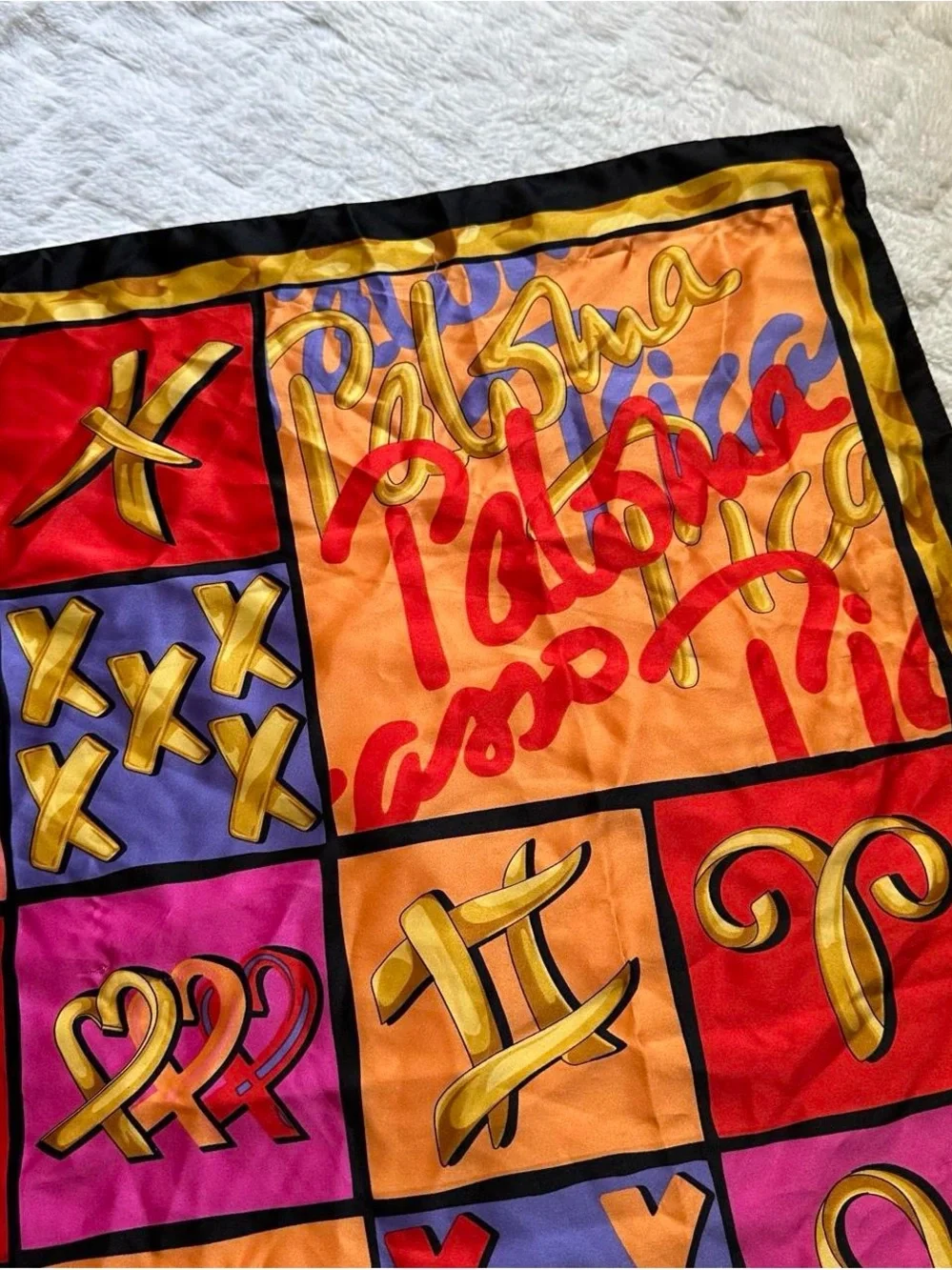 Vintage 90s Paloma Picasso Zodiac Silk Scarf - Red, Orange, Pink, Purple